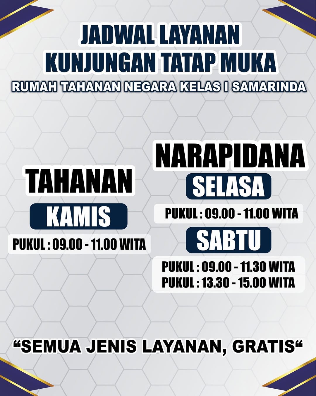 Jadwal Kunjungan Tatap Muka Rutan Kelas I Samarinda