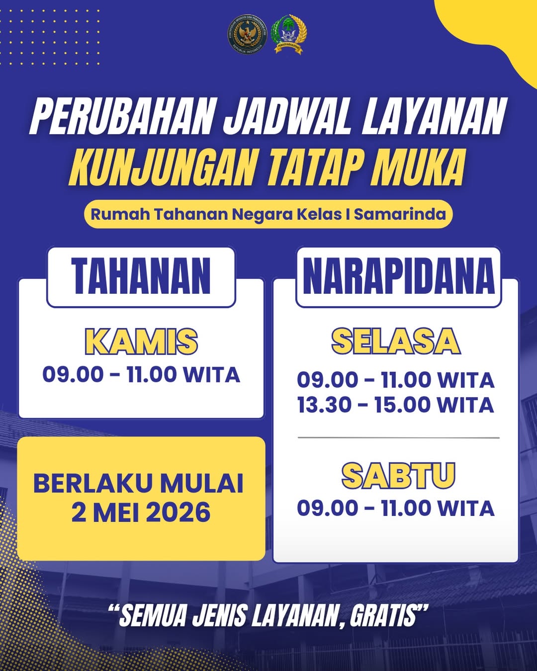 Jadwal Kunjungan Tatap Muka Rutan Kelas I Samarinda